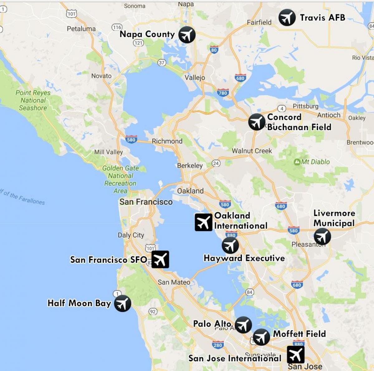 Karte der Flughäfen von San Francisco