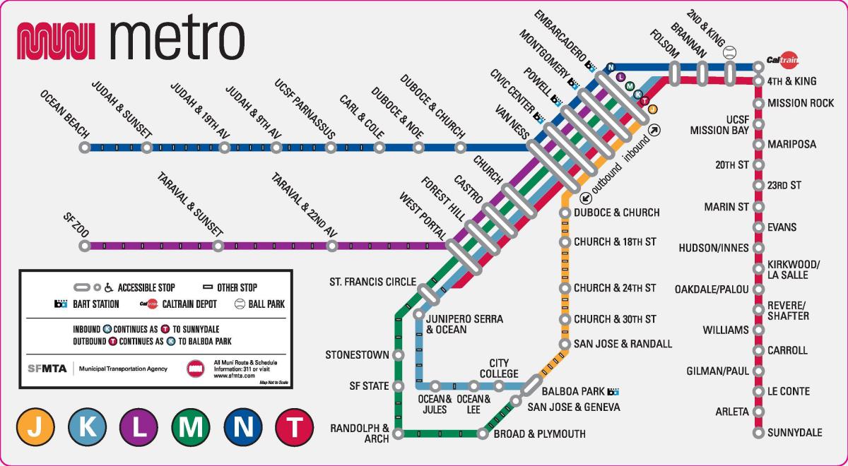 Karte der U Bahn von San Francisco: U Bahnlinien und U Bahn Stationen